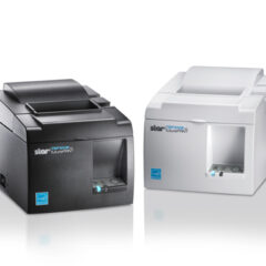 Star TSP100III EPOS Printer black and white versions angled towards each other