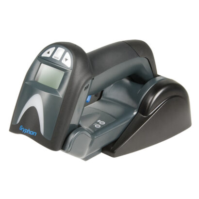 Datalogic Gryphon I GM4100 Linear Imager Barcode Scanner black on stand facing right