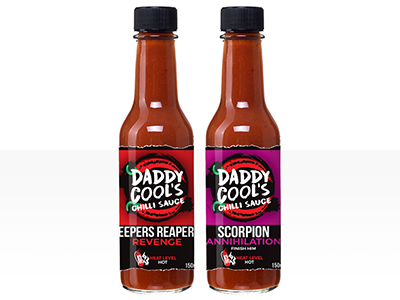 Example of custom pre-printed labels on chilli sauce bottles for brand "Daddy Cool's".
